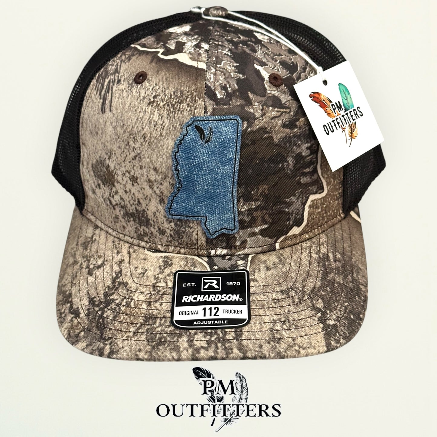 PM Outfitters Ole Miss Tailgate Season denim blue textured vegan leather patch Richardson 112 Realtree Excape camo trucker hat