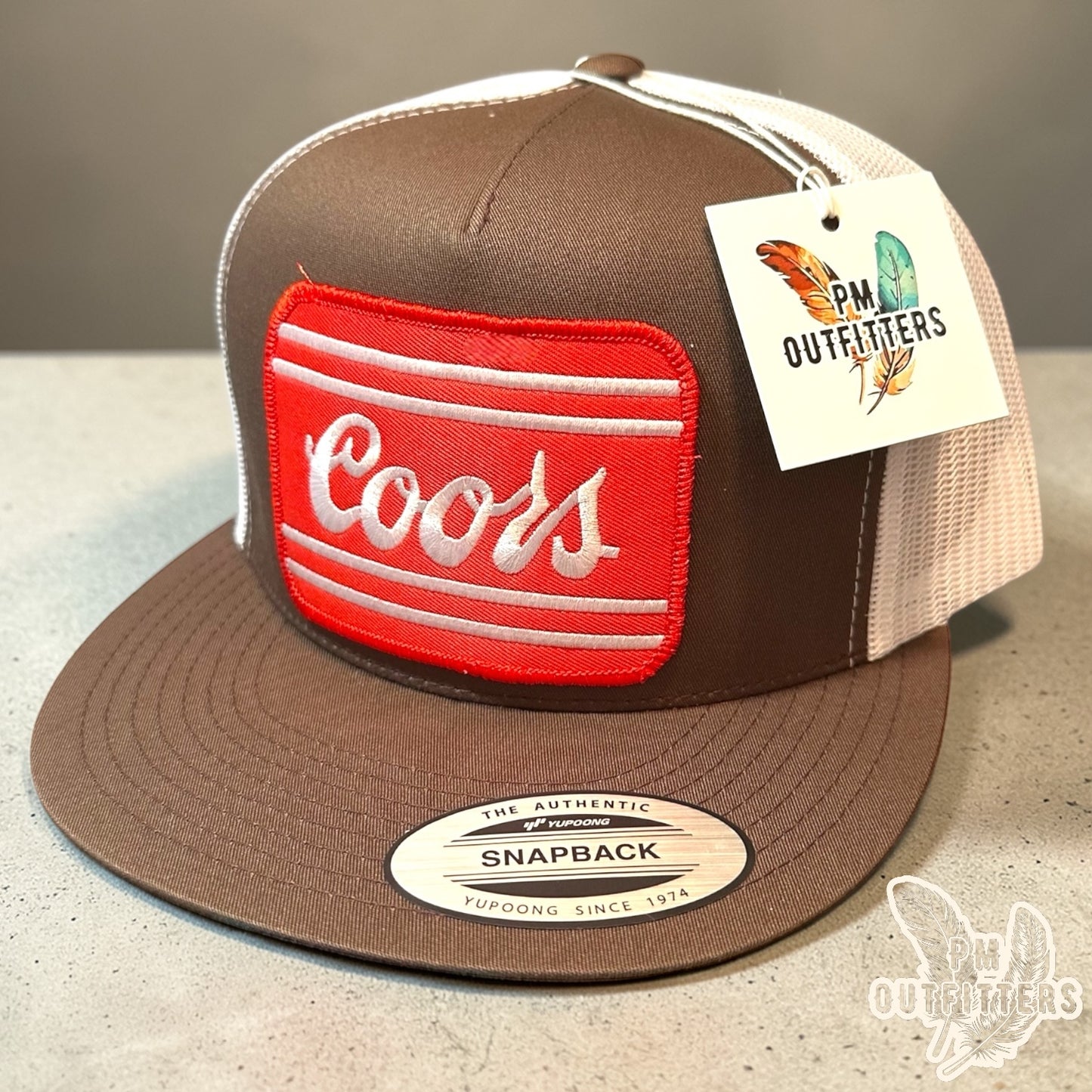 Coors Beer Trucker Hat — PM Outfitters Retro Patch | Yupoong Flat Bill Brown White Rocky Mountain Heritage