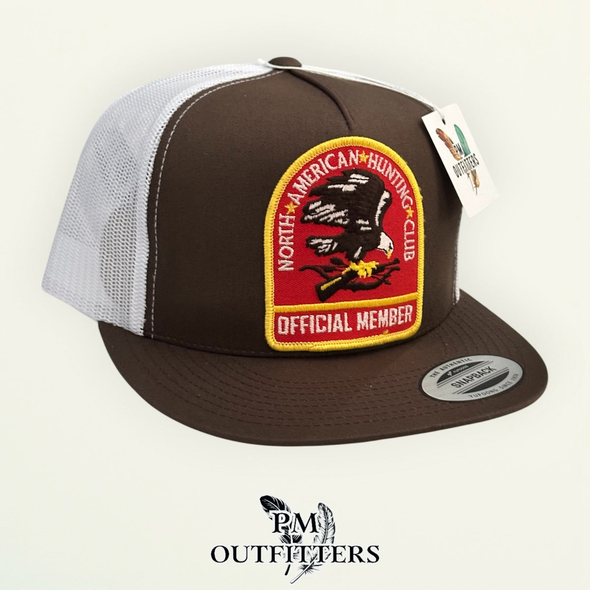 PM Outfitters vintage North American Hunting Club official member authentic vintage patch Yupoong 6006 brown white
