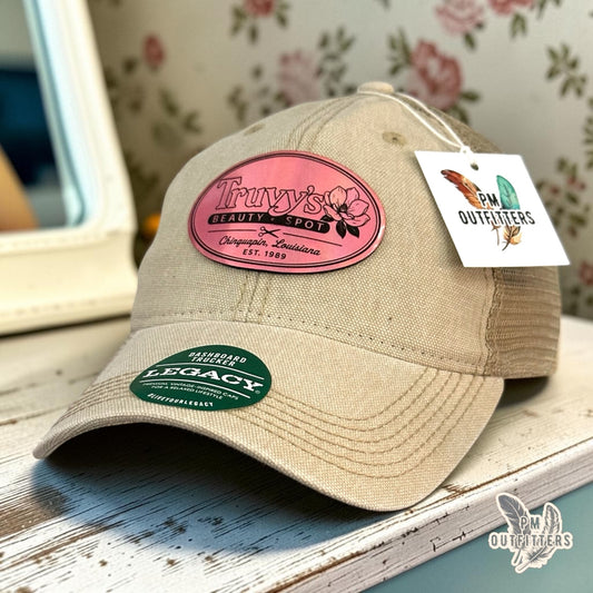 PM Outfitters Truvy's Beauty Spot trucker hat beige pink holographic patch Legacy Dashboard Dolly Parton tribute