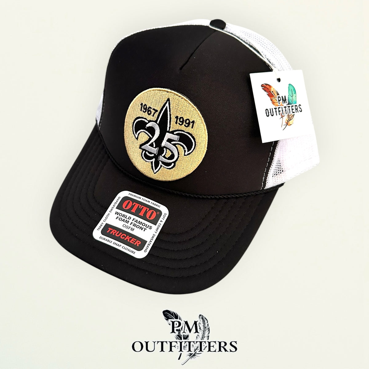 PM Outfitters New Orleans Saints 25th Anniversary embroidered patch Otto foam front rope black white trucker hat