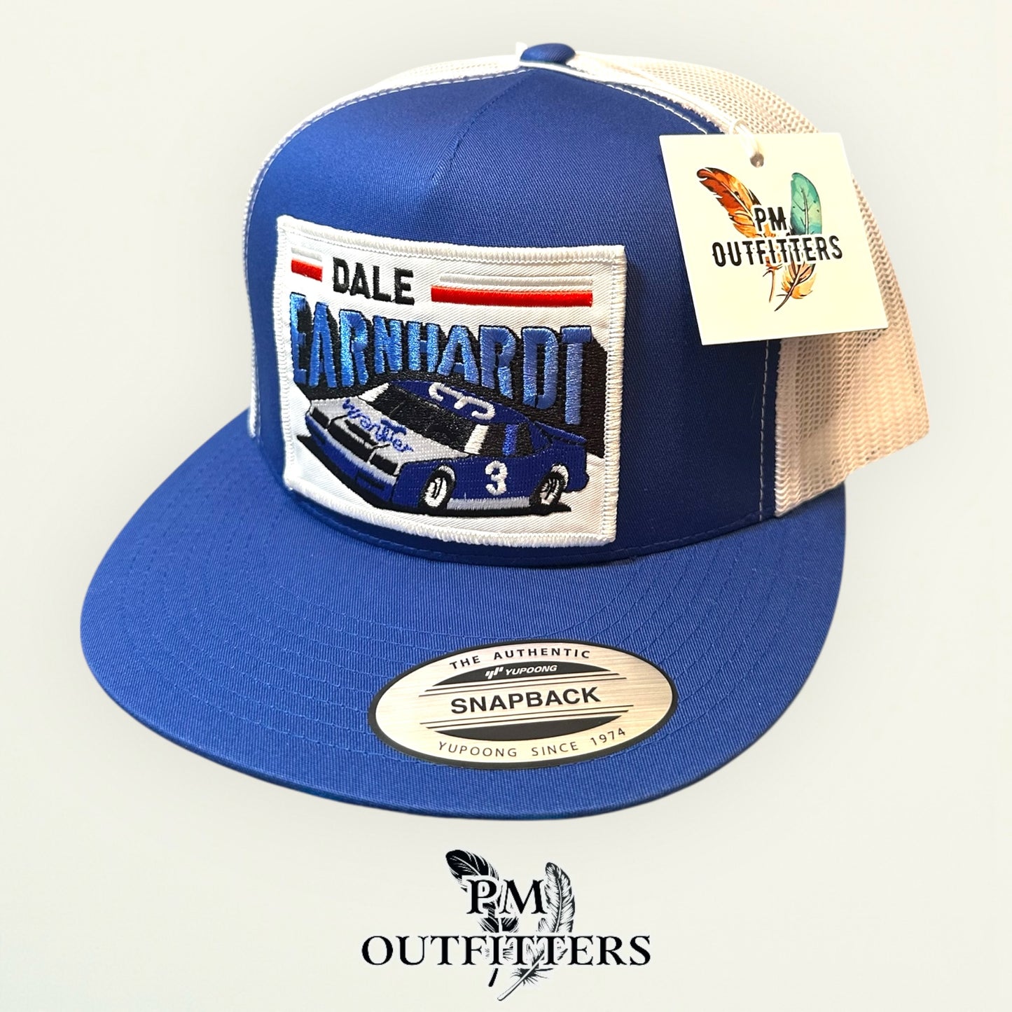 Dale Earnhardt Wrangler #3 NASCAR Trucker Hat — PM Outfitters Retro Patch | Yupoong Flat Bill Blue White Intimidator Heritage