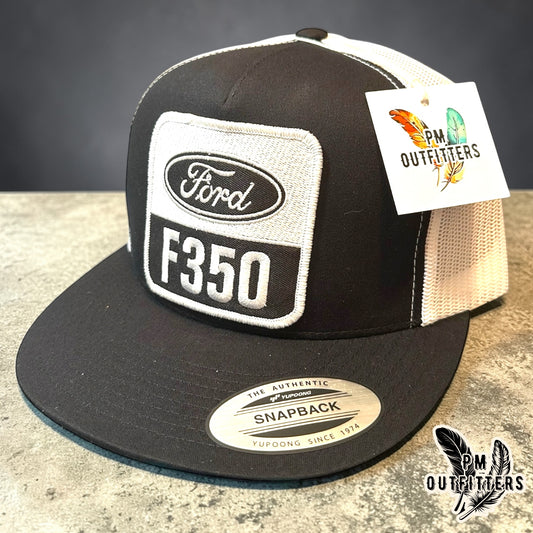 Ford F350 Trucker Hat — PM Outfitters Retro Patch | Yupoong Flat Bill Black White American Truck Heritage