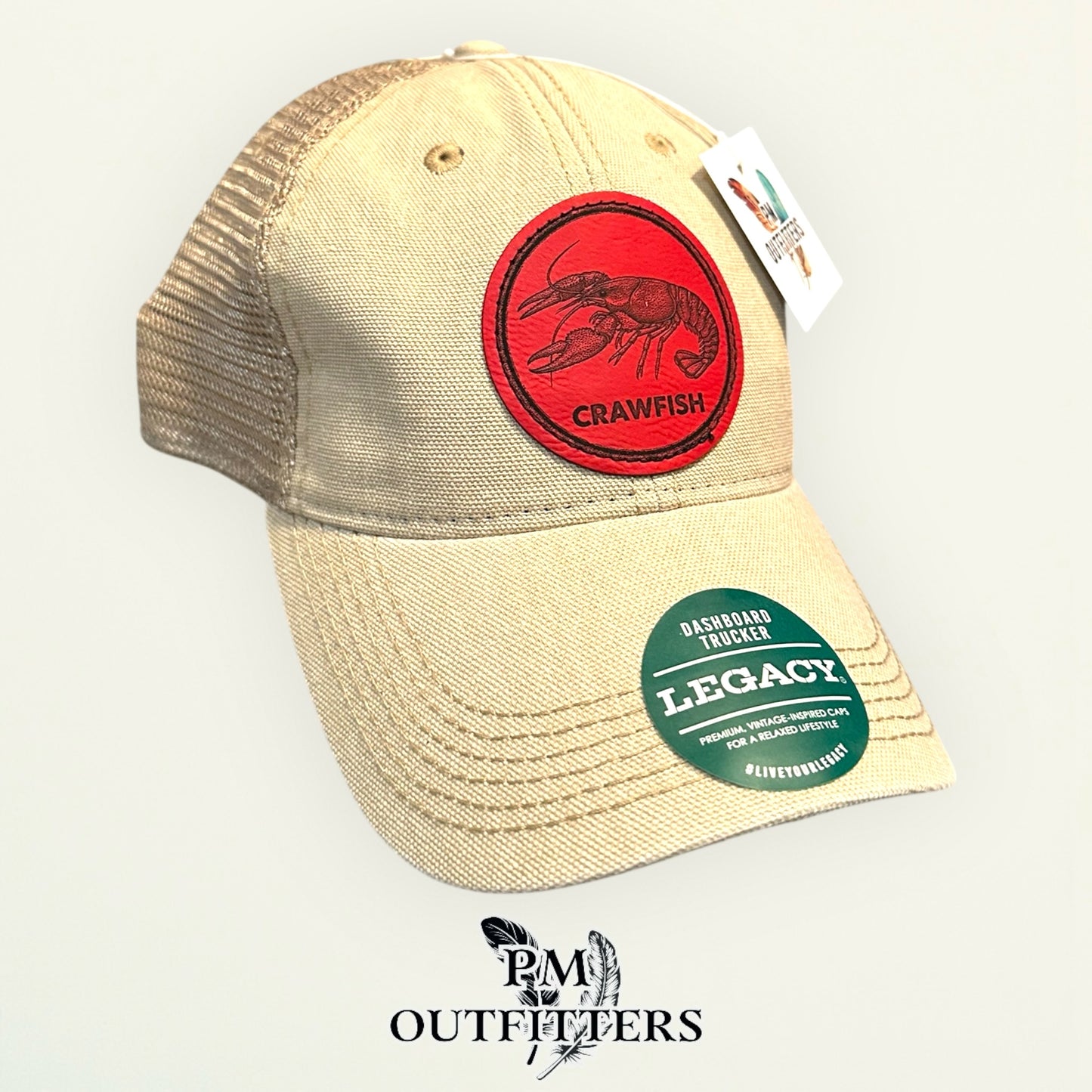 Crawfish Laser Engraved Patch Hat | Legacy Dashboard Trucker Tan Khaki | PM Outfitters Exclusive Design