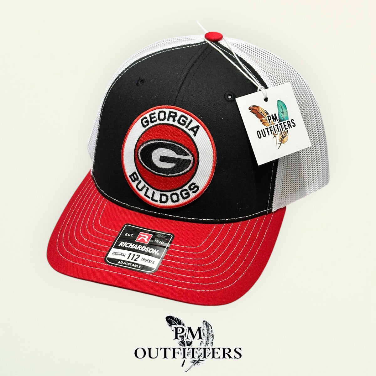 PM Outfitters Georgia Bulldogs circular logo embroidered patch Richardson 112 black white red trucker hat