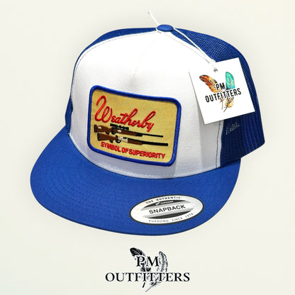 PM Outfitters hang tag Weatherby white blue flat bill hat