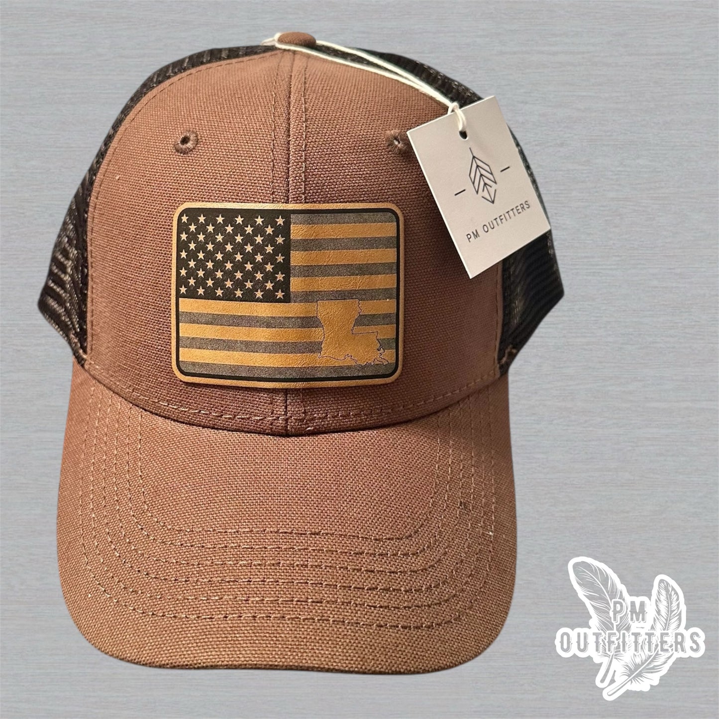 PM Outfitters Custom Design American Flag LA DriDuck Canvas Trucker Hat