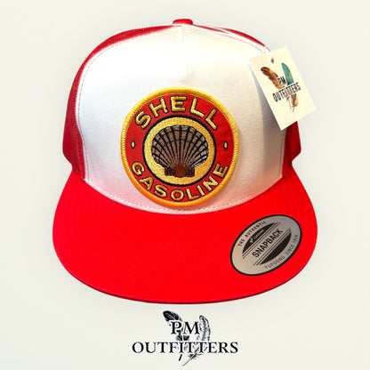 Shell Gasoline Trucker Hat — PM Outfitters Retro Patch | Yupoong Flat Bill White Red Petroleum Heritage