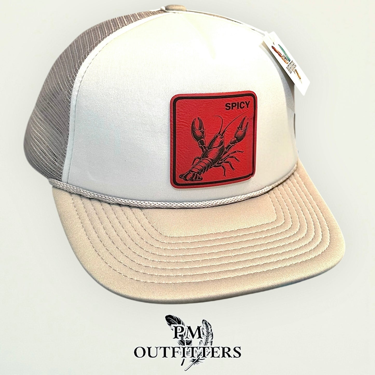 Spicy Crawfish Laser Engraved Patch Hat | Decky Foam Flat Bill Rope Trucker Gray White | PM Outfitters Exclusive Design
