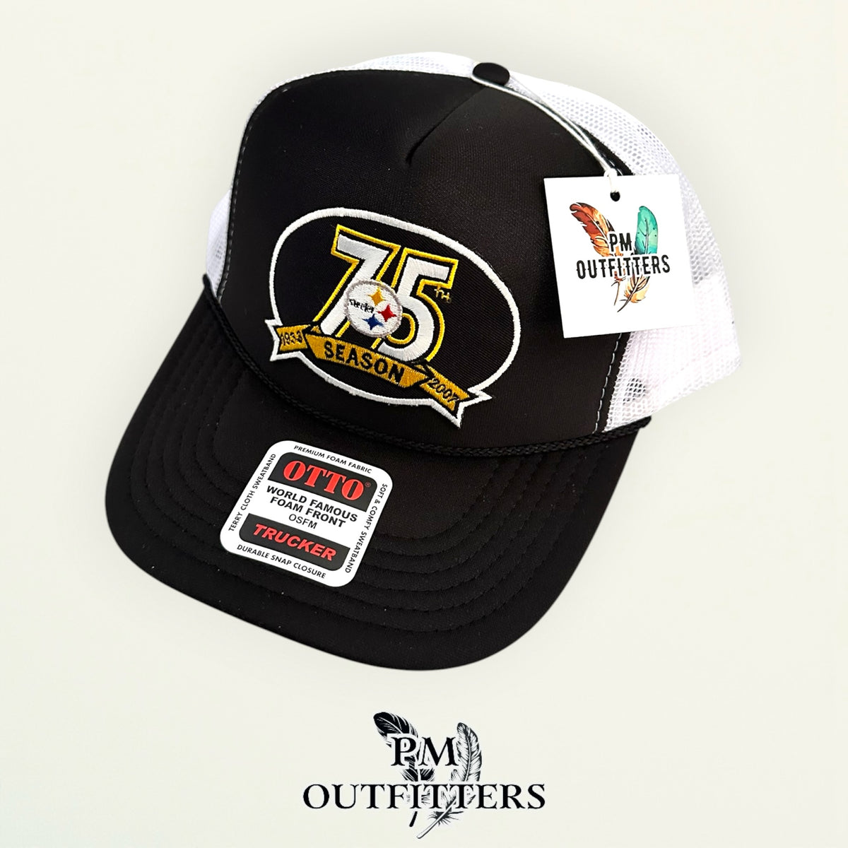 PM Outfitters Pittsburgh Steelers 75th Anniversary embroidered patch Otto foam front rope black white trucker hat