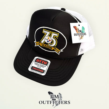 PM Outfitters Pittsburgh Steelers 75th Anniversary embroidered patch Otto foam front rope black white trucker hat