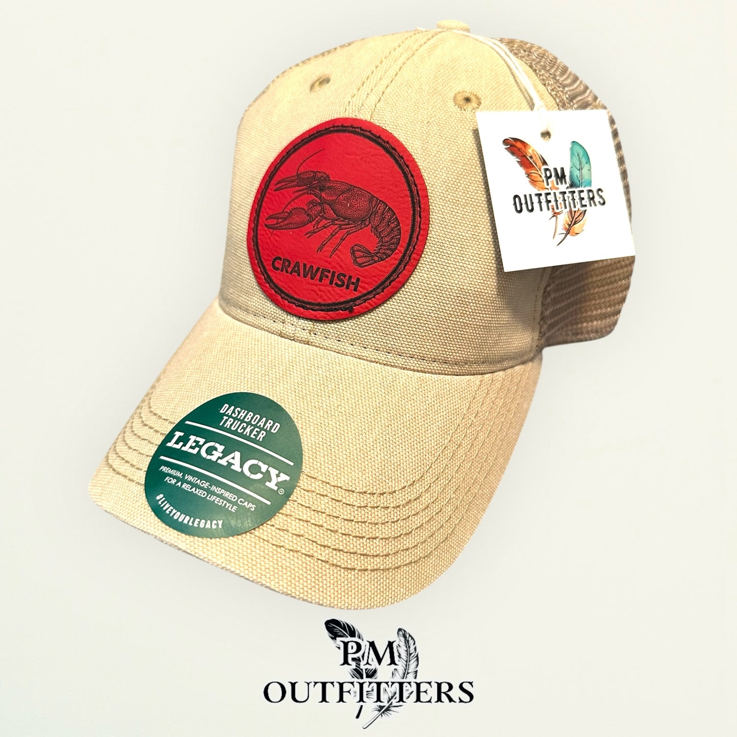 Crawfish Laser Engraved Patch Hat | Legacy Dashboard Trucker Tan Khaki | PM Outfitters Exclusive Design