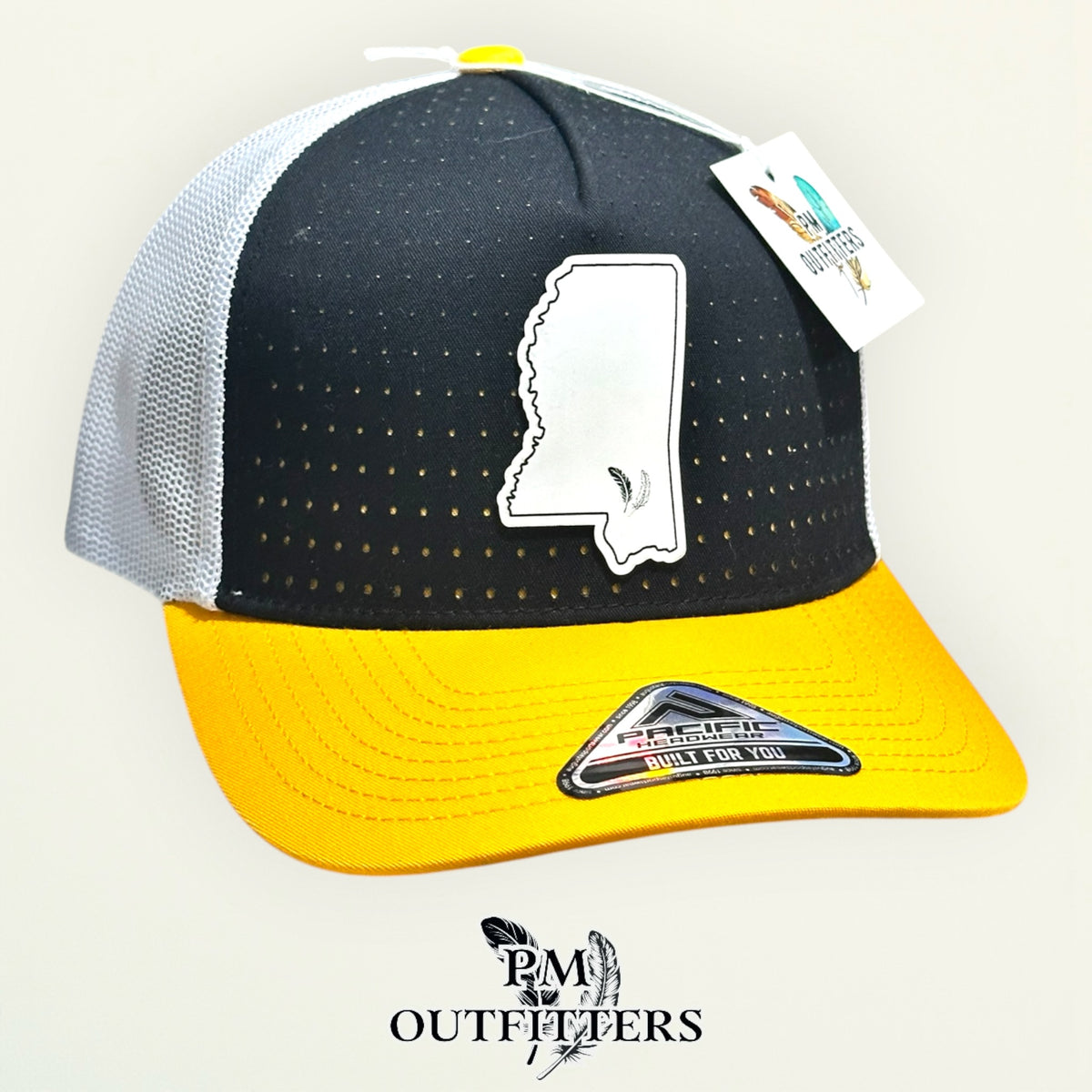 PM Outfitters Southern Miss white vegan leather state outline patch Pacific Headwear 105P black gold white trucker hat