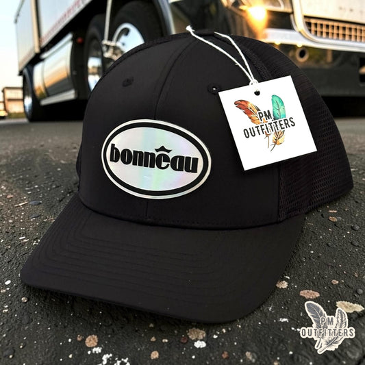 PM Outfitters Bonneau Over the Top trucker hat black Richardson 174 holographic patch