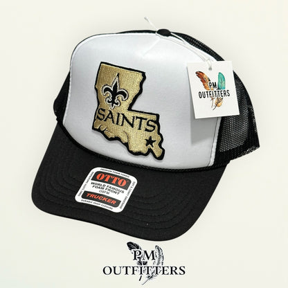 PM Outfitters New Orleans Saints Louisiana state outline embroidered patch Otto foam front rope white black trucker hat