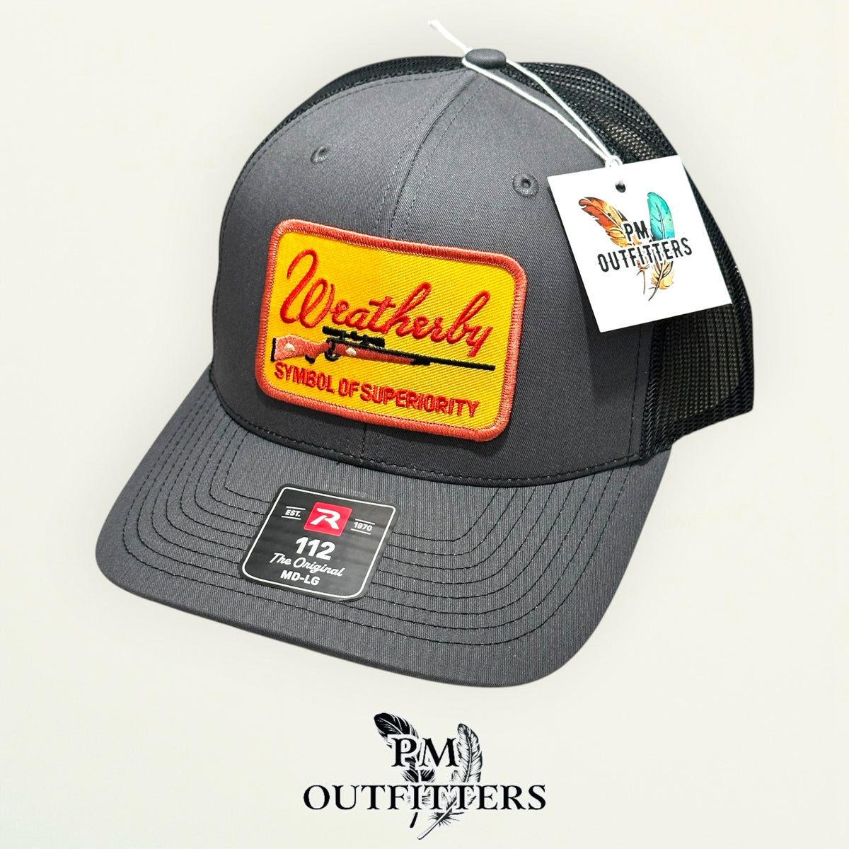PM Outfitters hang tag Weatherby charcoal black trucker hat