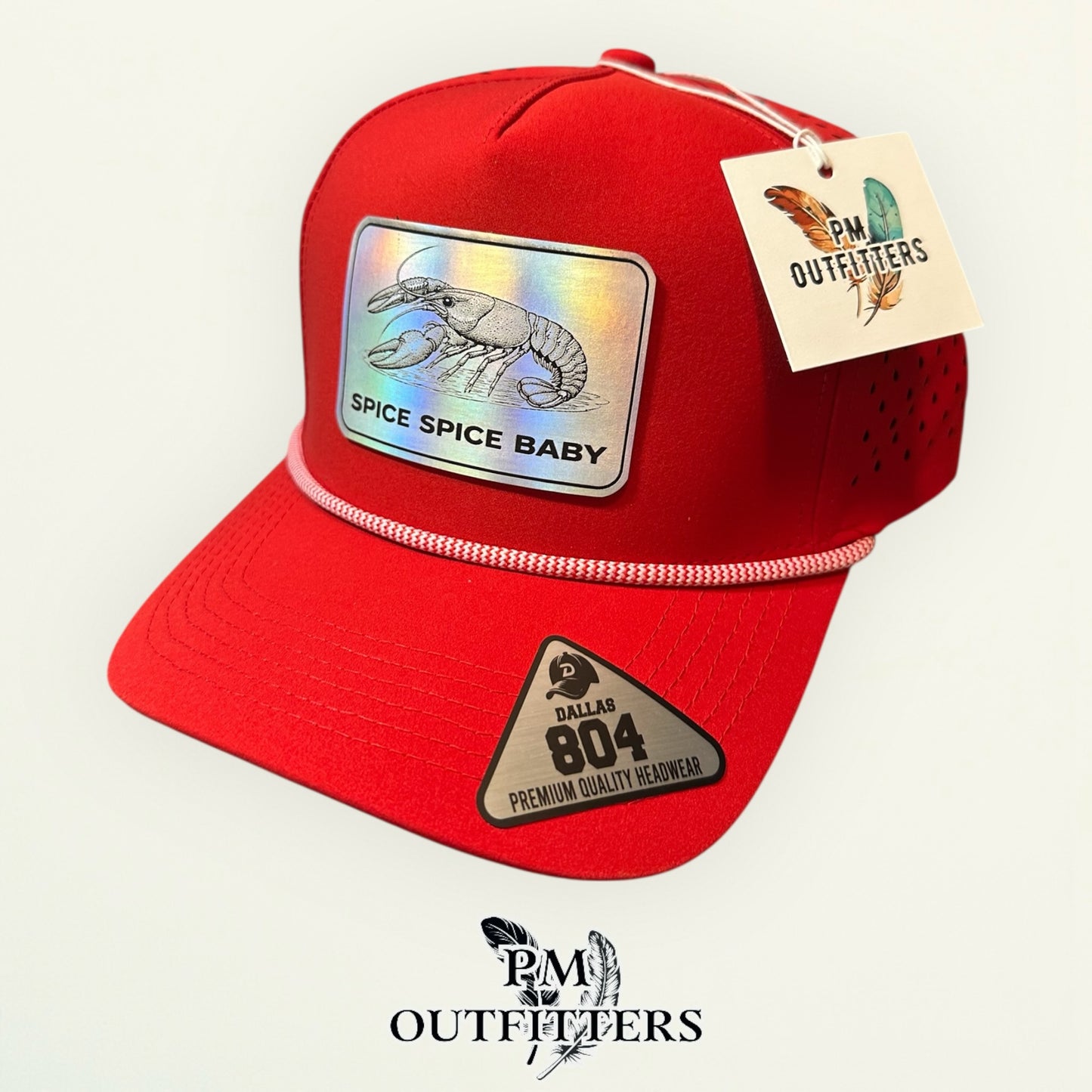 Spice Spice Baby Crawfish Hat | PM Outfitters Exclusive Holographic Laser Patch | Dallas 804 Red Waterproof Rope Hat