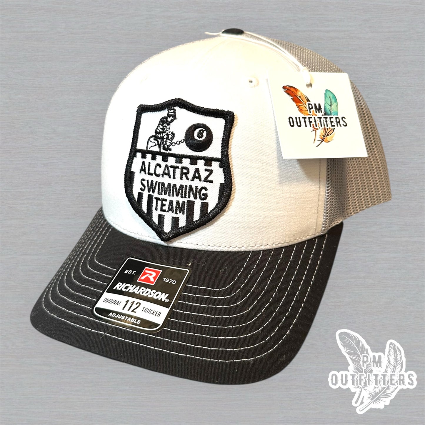 Vintage Alcatraz Swimming Team Patch Trucker Hat - Richardson 112 White, Black & Gray