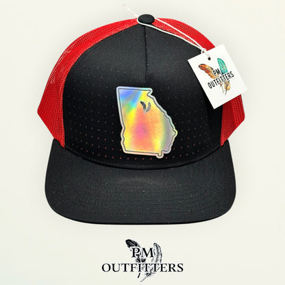 PM Outfitters Georgia Bulldogs holographic vegan leather state outline patch Pacific Headwear 105P black red trucker hat