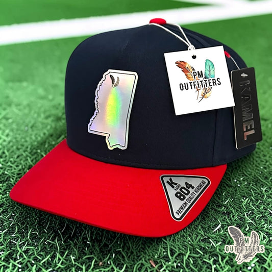 PM Outfitters Ole Miss Tailgate Season holographic vegan leather Mississippi state outline patch trucker hat Oxford two-feather logo navy red