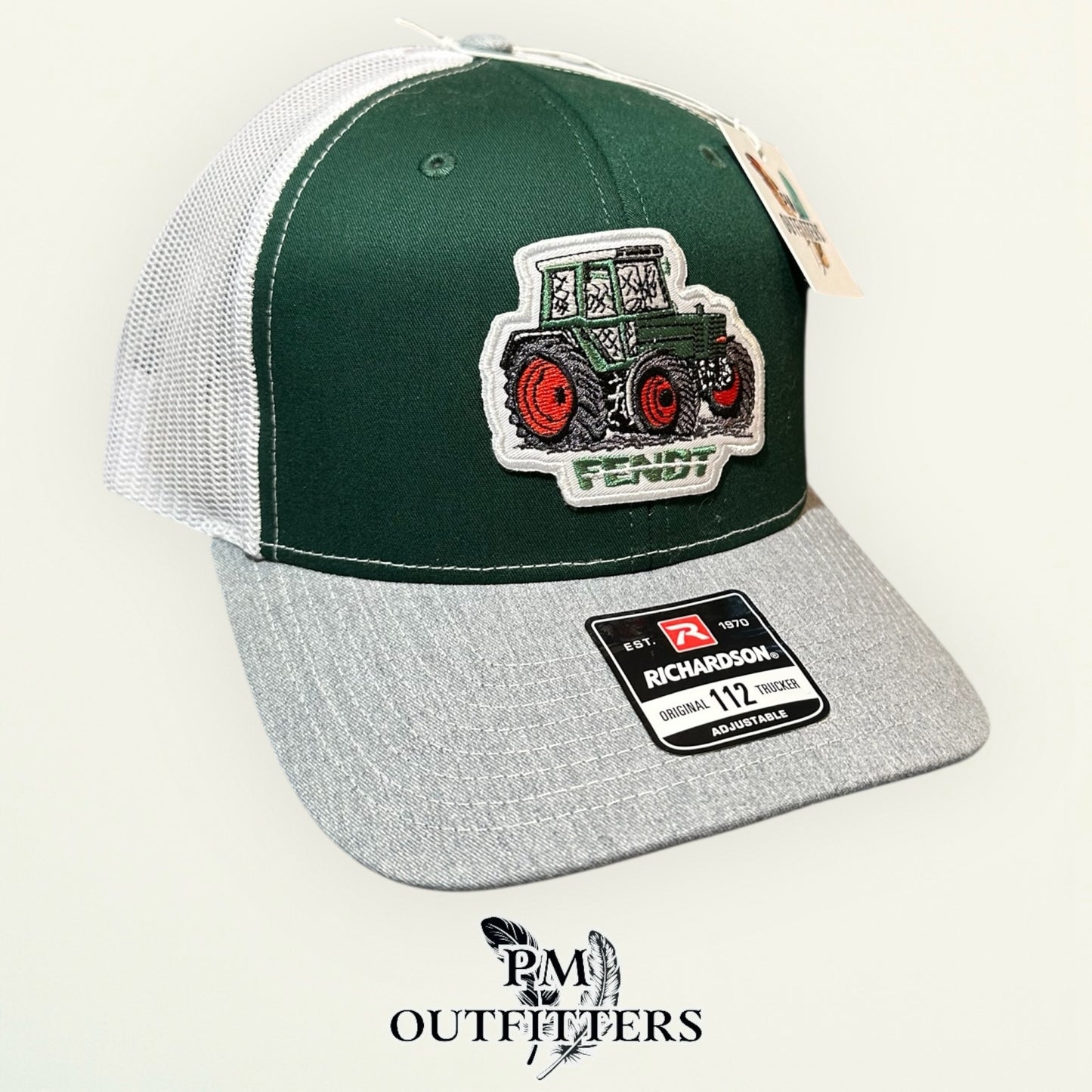 Fendt Tractor Trucker Hat — PM Outfitters Retro Patch | Richardson 112 Green Gray White Farm Heritage