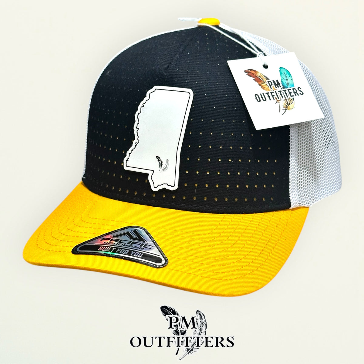PM Outfitters Southern Miss white vegan leather state outline patch Pacific Headwear 105P black gold white trucker hat