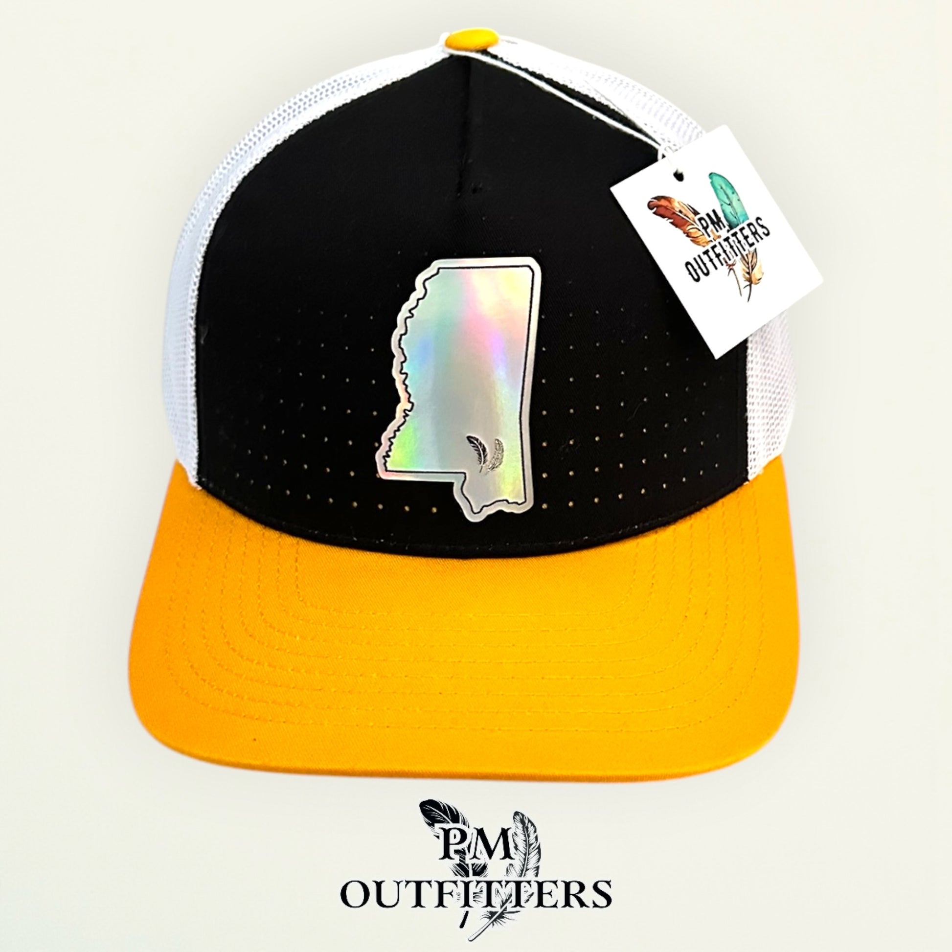 PM Outfitters Southern Miss Tailgate Season holographic vegan leather Mississippi state outline patch trucker hat Hattiesburg two-feather logo black gold