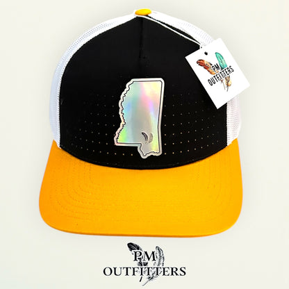 PM Outfitters Southern Miss Tailgate Season holographic vegan leather Mississippi state outline patch trucker hat Hattiesburg two-feather logo black gold