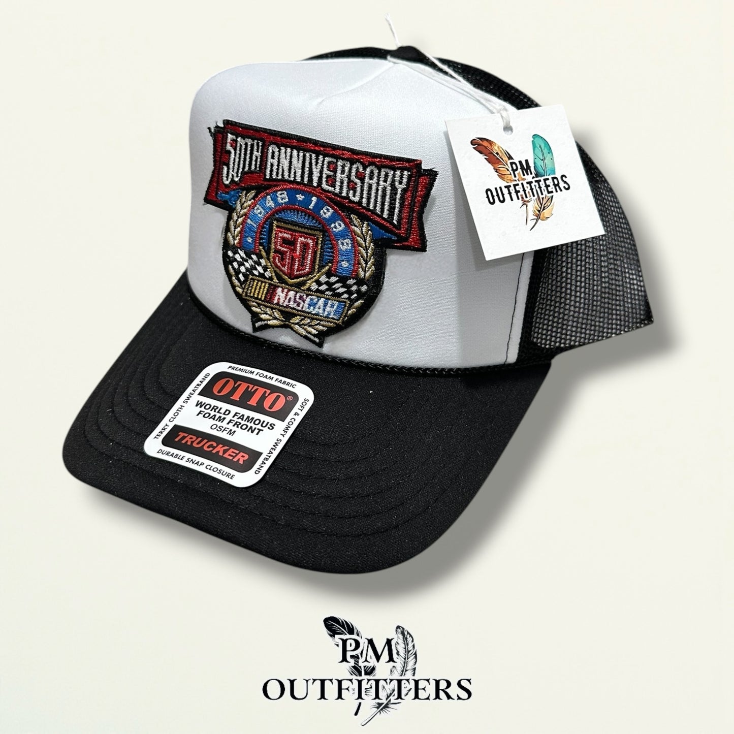 NASCAR 50th Anniversary Trucker Hat – PM Outfitters True Vintage Patch | Otto Foam Rope Black & White