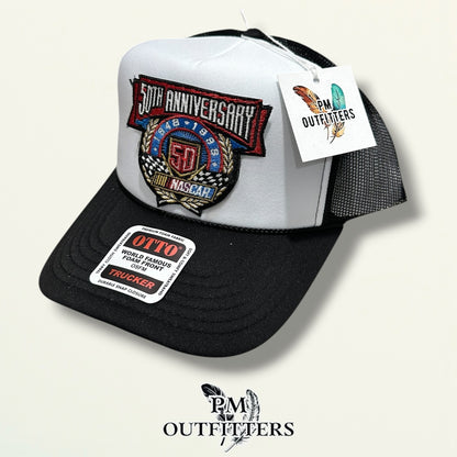 NASCAR 50th Anniversary Trucker Hat – PM Outfitters True Vintage Patch | Otto Foam Rope Black & White