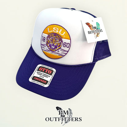 PM Outfitters LSU Tigers 1860 embroidered patch Otto foam front rope white purple trucker hat