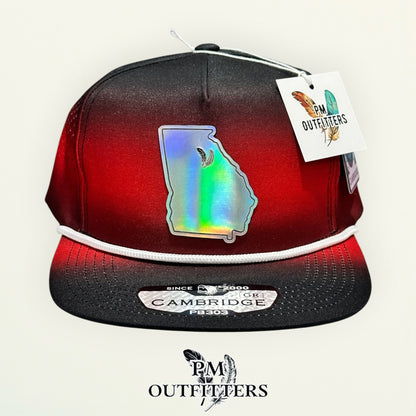 PM Outfitters Georgia Bulldogs holographic vegan leather state outline patch Pitbull Cambridge PB303 gradient black red trucker hat