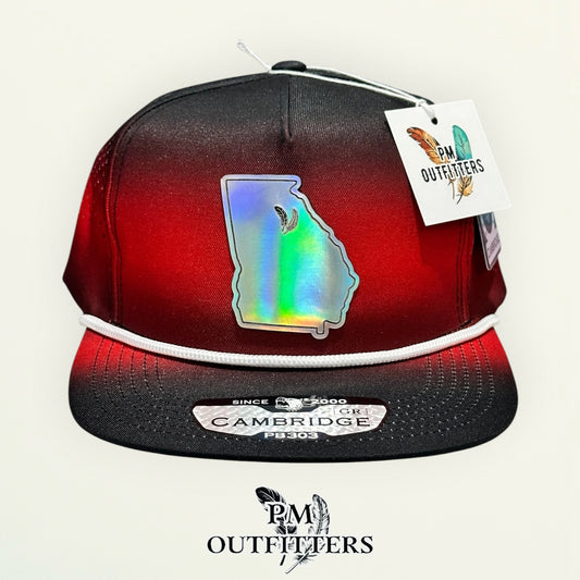 PM Outfitters Georgia Bulldogs holographic vegan leather state outline patch Pitbull Cambridge PB303 gradient black red trucker hat