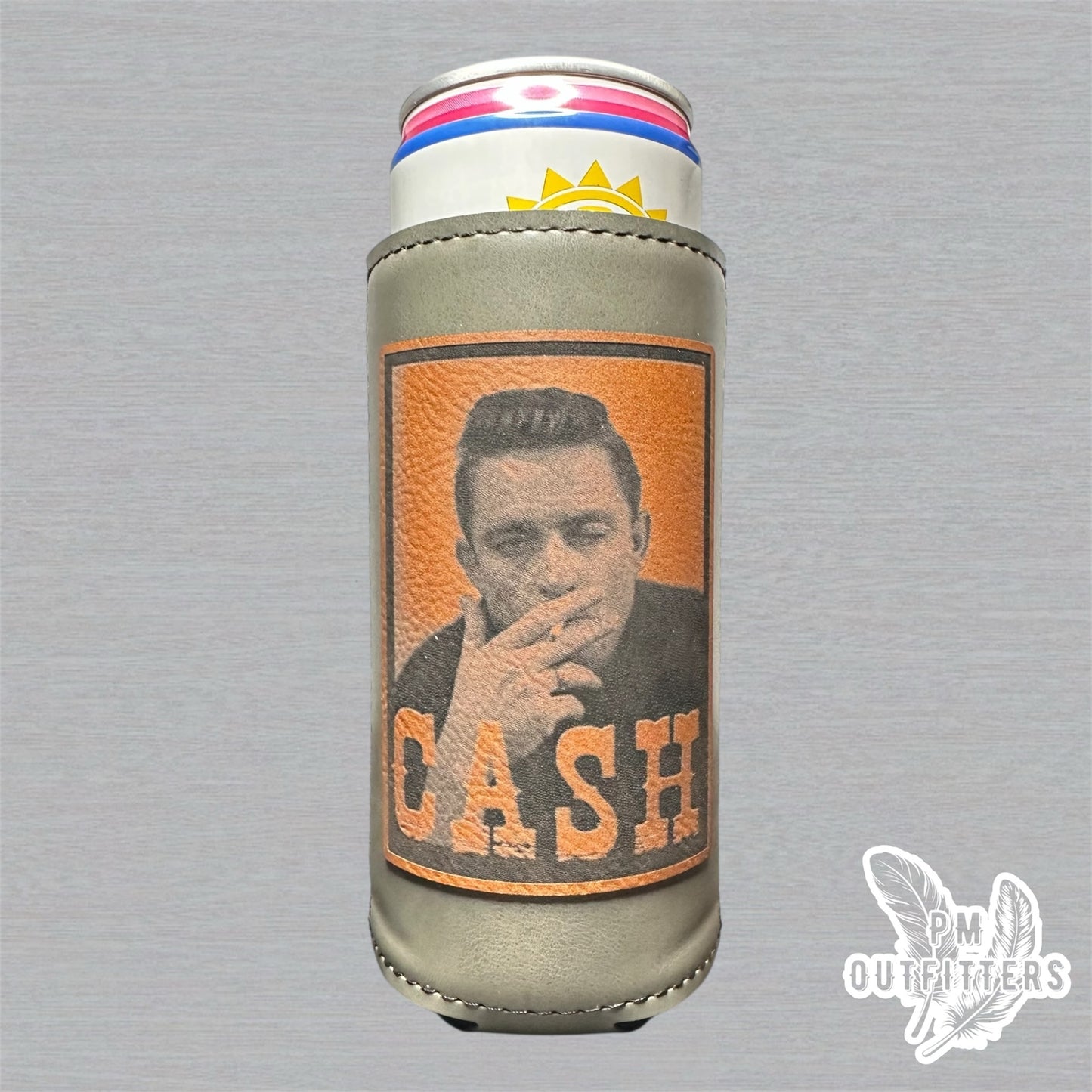PM Outfitters Custom Laser Engraved Johnny Cash Premium Leatherette Slim Can Koozie