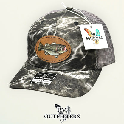 Back of the Mossy Oak Elements Blacktip camo Richardson 112 trucker hat showing the mesh panels and snapback closure, PM Outfitters True Originals