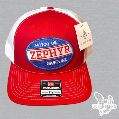 Vintage Zephyr Motor Oil & Gasoline Trucker Hat - Red & White Richardson 112