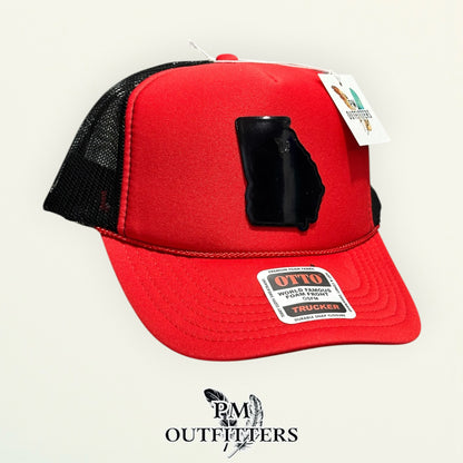 PM Outfitters Georgia Bulldogs holographic vegan leather state outline patch Otto foam front rope red black trucker hat