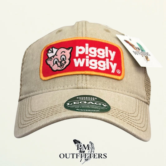 Piggly Wiggly patch detail pig mascot red gold trucker hat