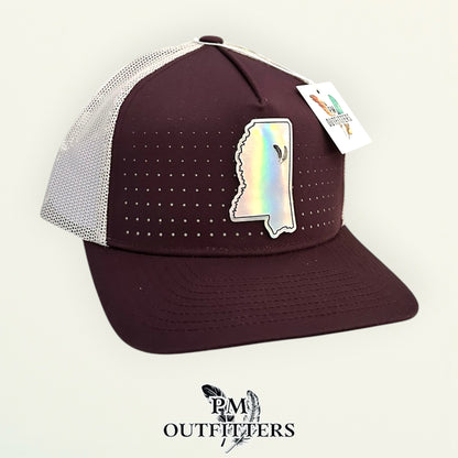 PM Outfitters Mississippi State Tailgate Season holographic vegan leather Mississippi state outline patch trucker hat Starkville two-feather logo maroon white