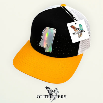 PM Outfitters Southern Miss Tailgate Season holographic vegan leather Mississippi state outline patch trucker hat Hattiesburg two-feather logo black gold