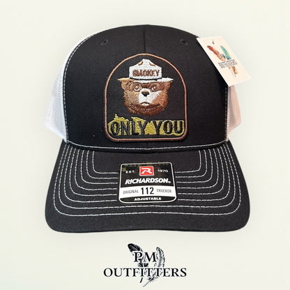 Smokey Bear Only You Trucker Hat — PM Outfitters Retro Patch | Richardson 112 Black White