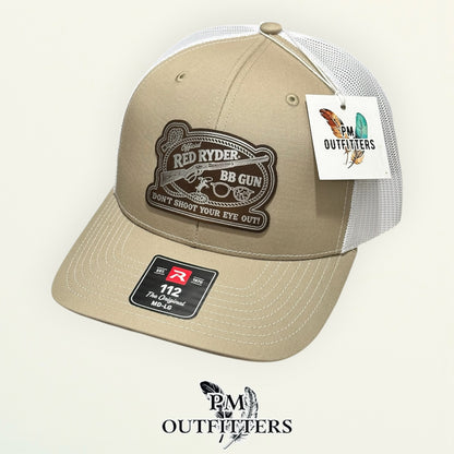 PM Outfitters hang tag Red Ryder BB Gun tan white trucker hat