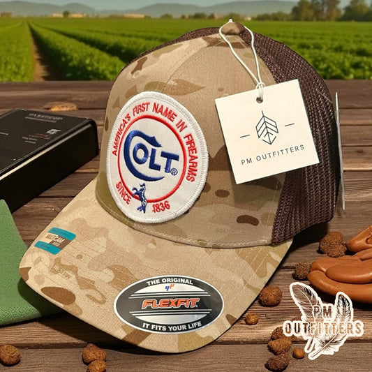 Colt 45 Firearms Embroidered Patch on FlexFit Camo Trucker Hat