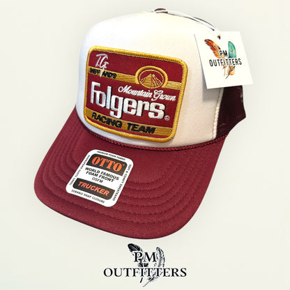 TG Sheppard's Folgers Racing Team Trucker Hat — Otto Foam Rope Trucker | White & Maroon