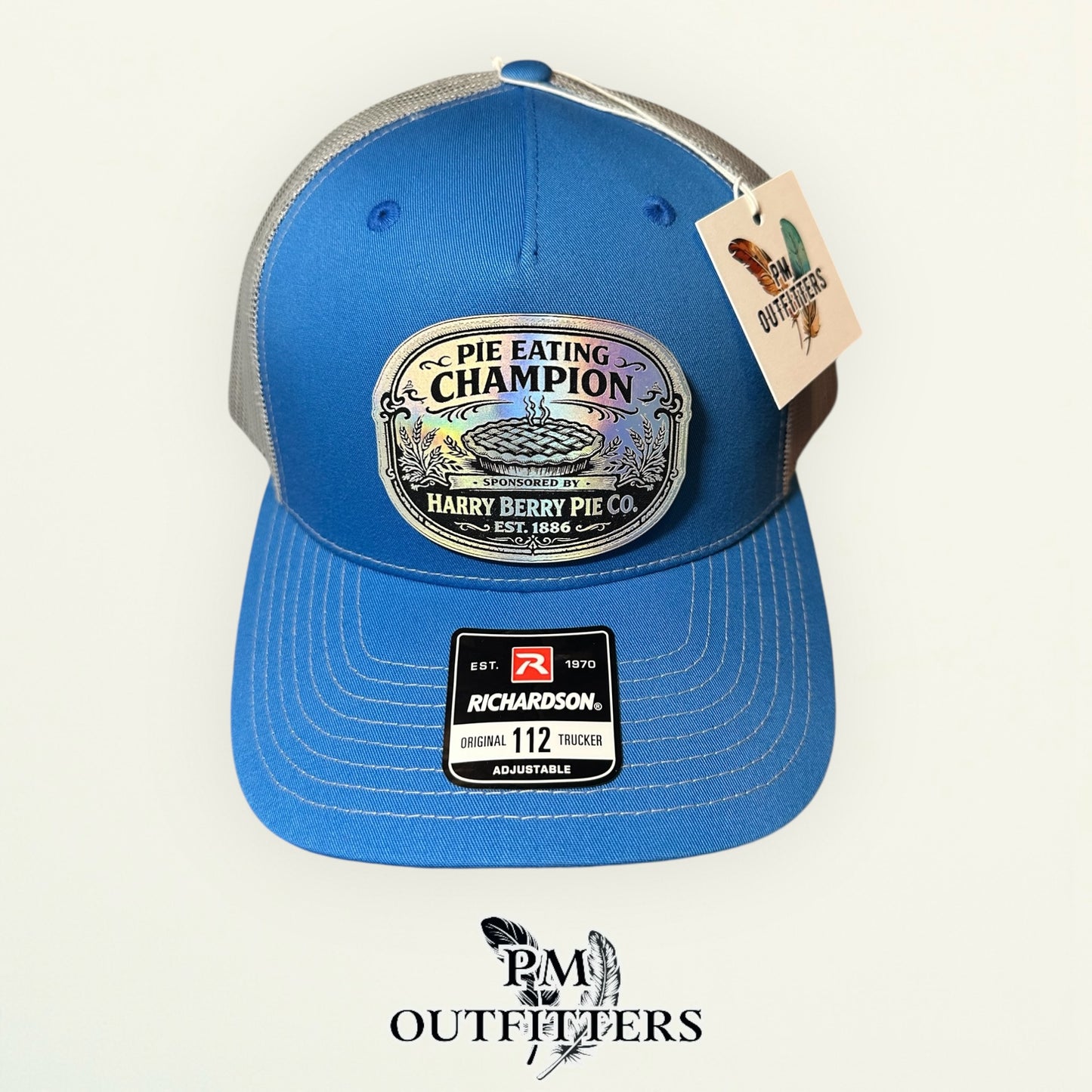Pie Eating Champion Hat - PM Outfitters Holographic Patch | Richardson 112 Columbia Blue Gray Humor