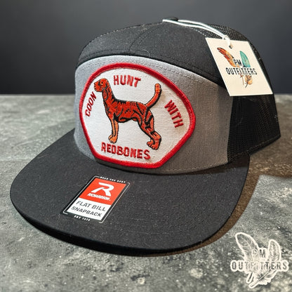 Coon Hunt With Redbones Trucker Hat — PM Outfitters Vintage Hunting Patch | Richardson 168 Grey Black Flat Bill
