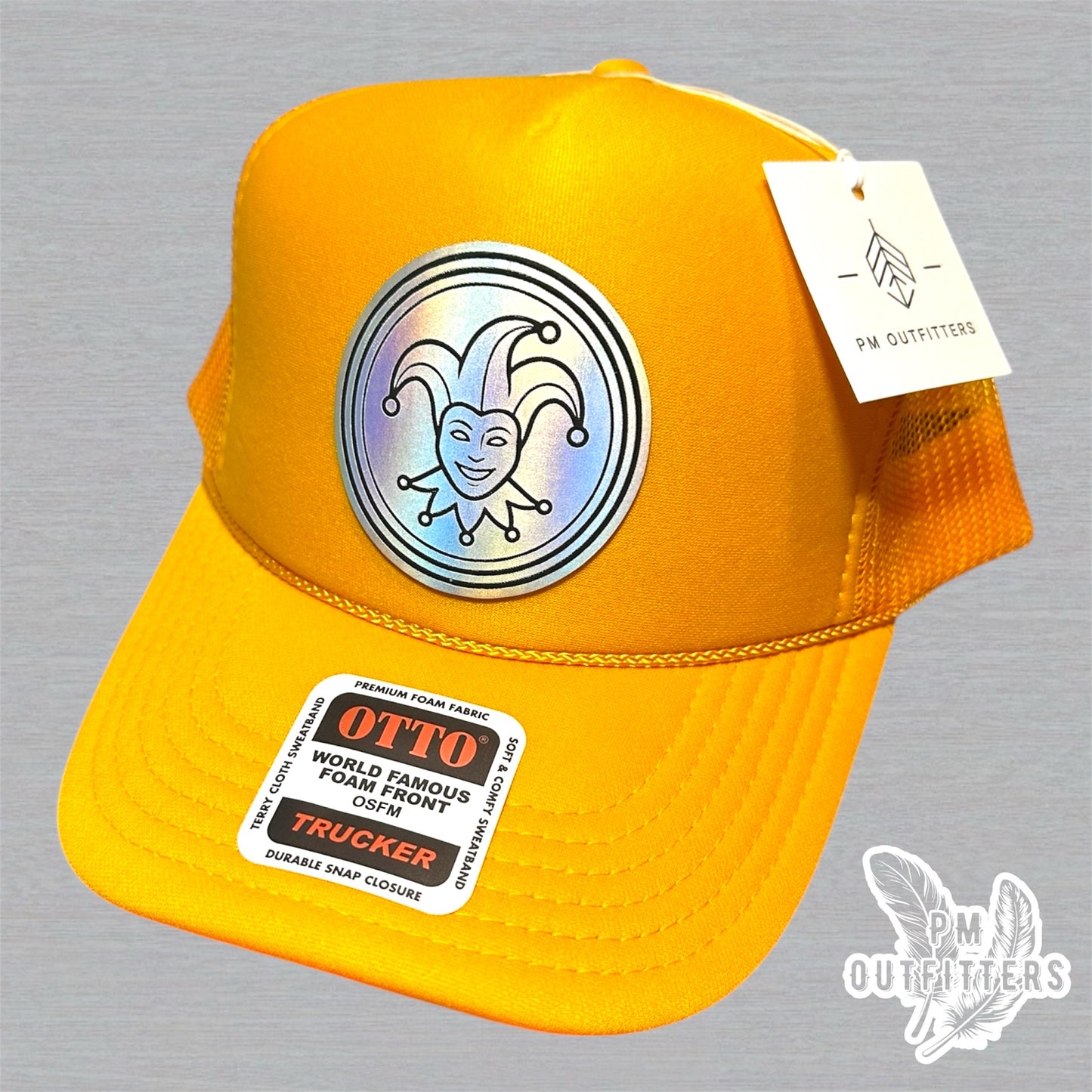 Mardi Gras Holographic Jester Doubloon Trucker Hat - Gold Otto Foam Front