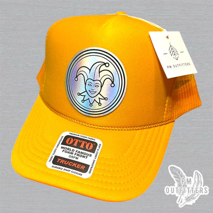 Mardi Gras Holographic Jester Doubloon Trucker Hat - Gold Otto Foam Front