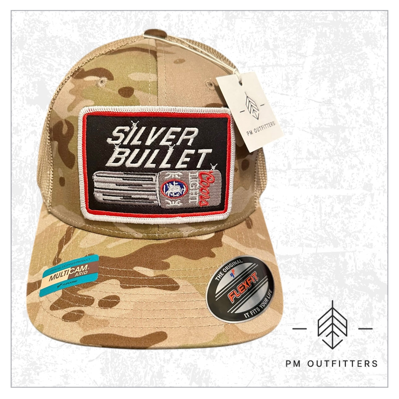 Vintage Coors Light Silver Bullet Embroidered Patch on FlexFit Camo Trucker Hat
