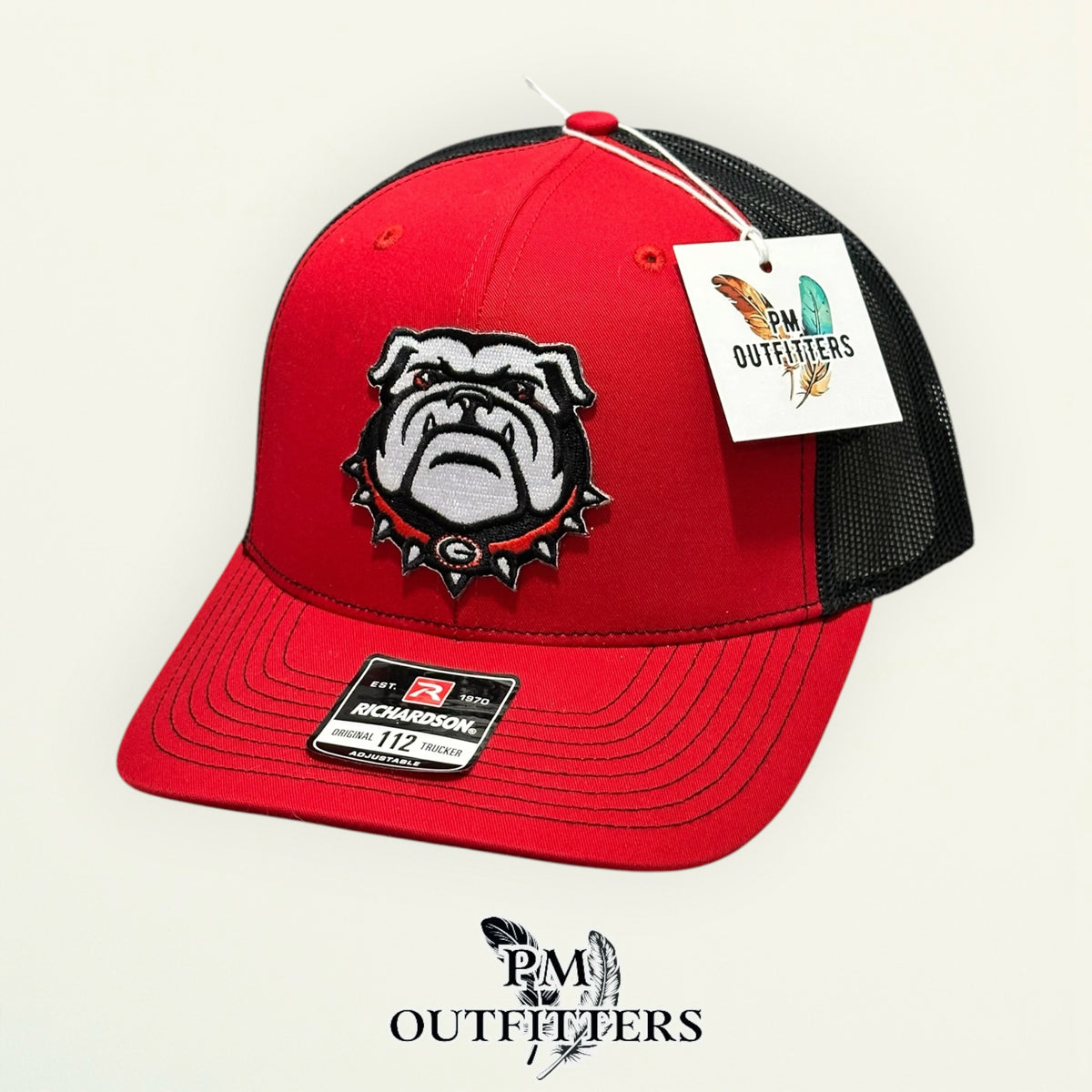 PM Outfitters Georgia Bulldogs mascot head embroidered patch Richardson 112 red black trucker hat